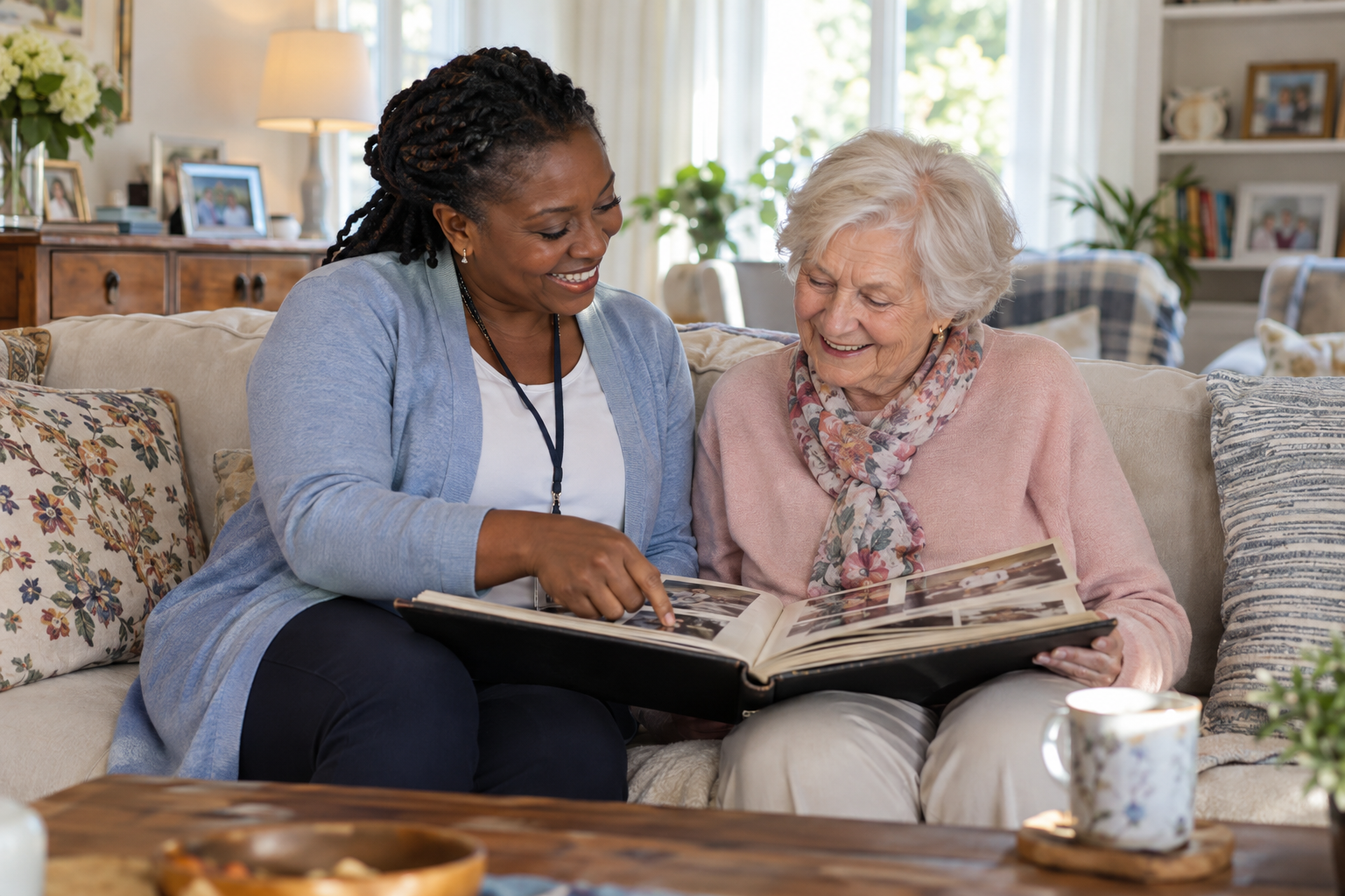 A companion and older adult enjoying conversation at home