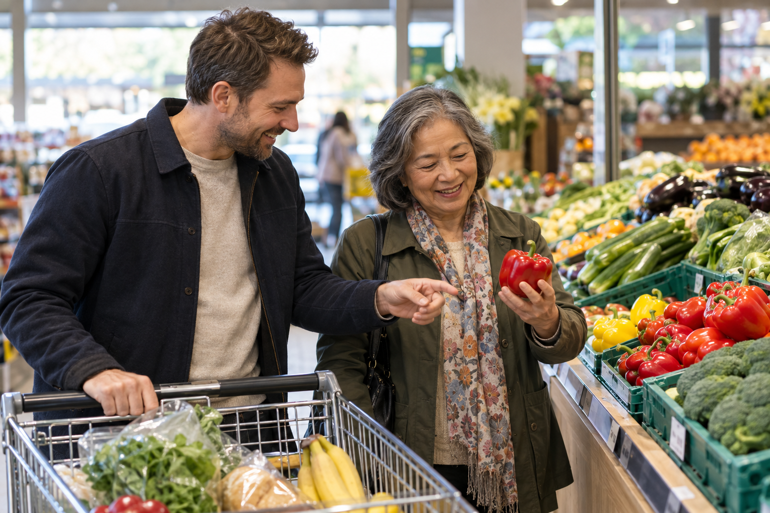 A companion helping an older adult select groceries