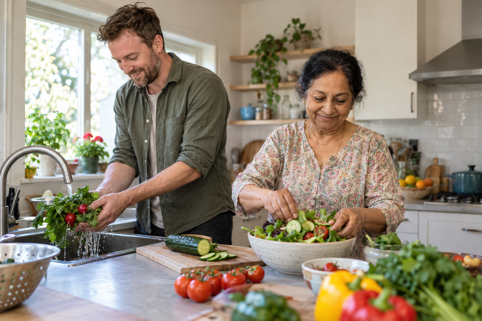 A companion helping prepare a simple meal at home