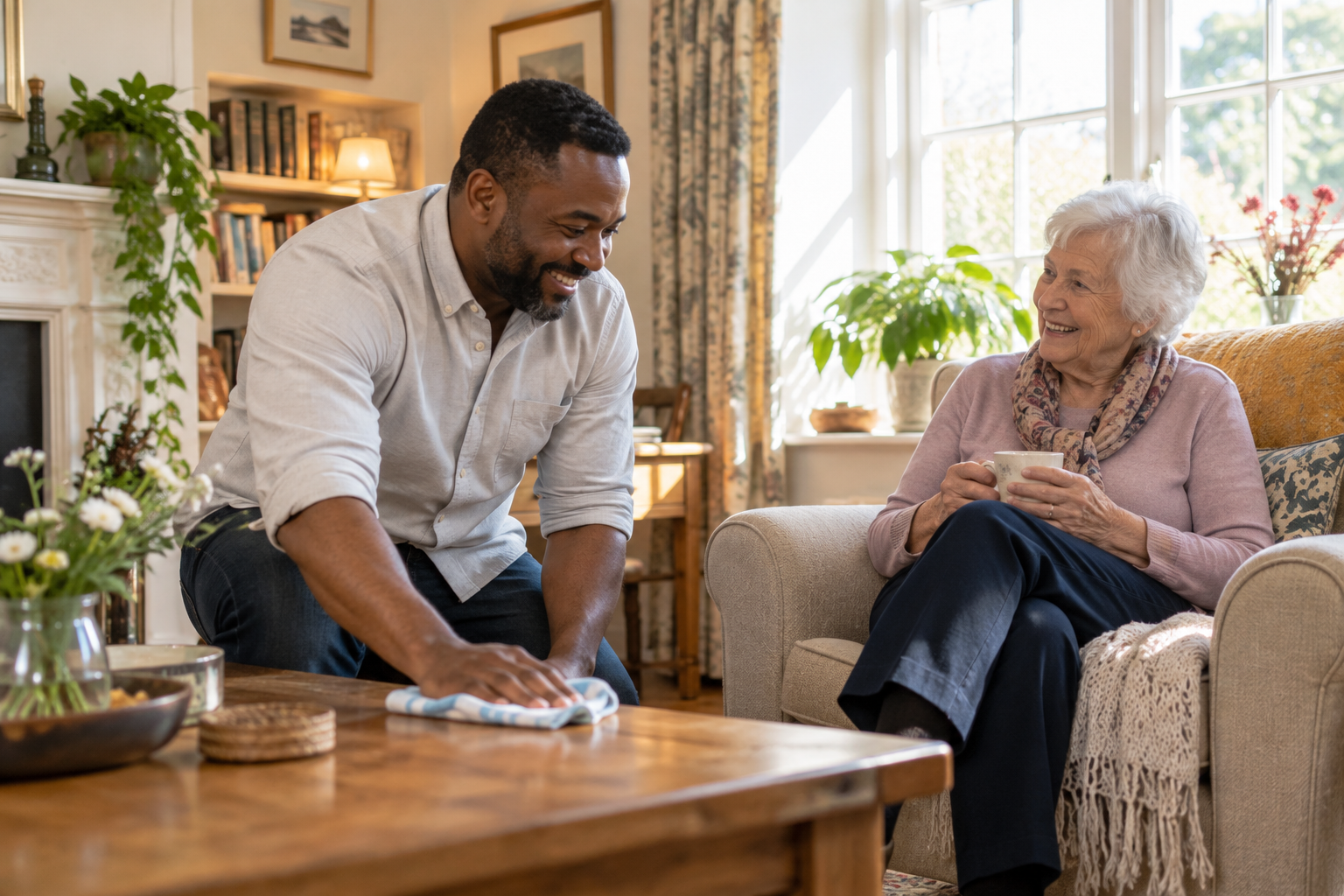 A companion tidying an older adult’s living space