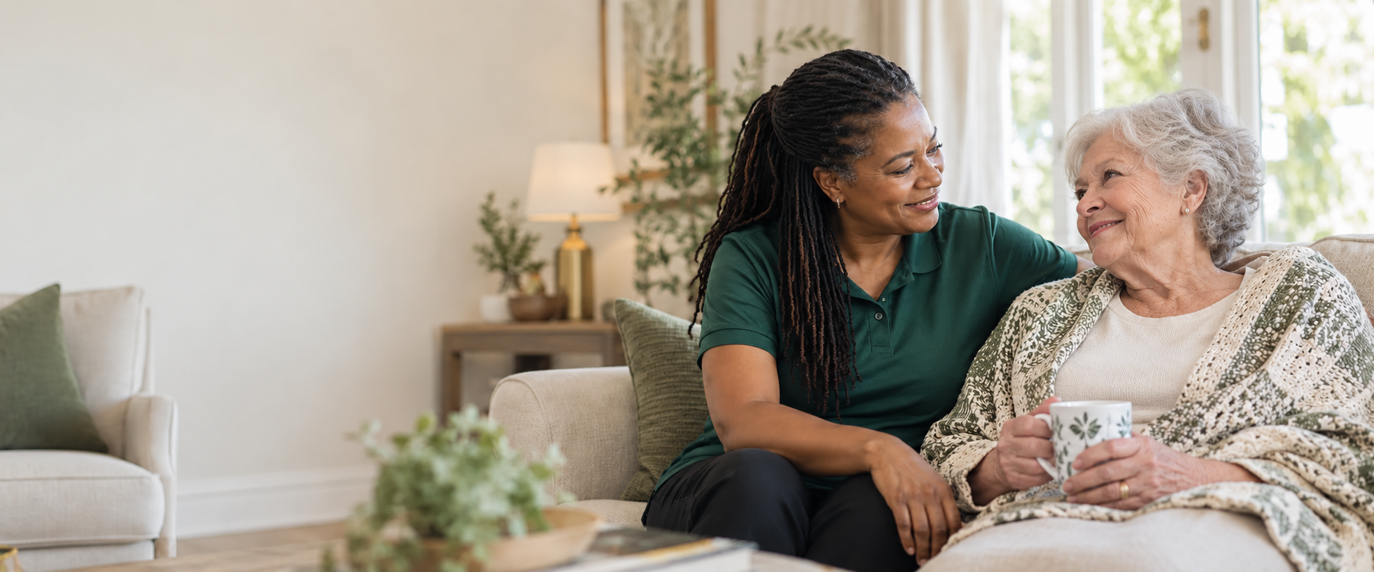 A caregiver sharing a warm moment with an older woman at home