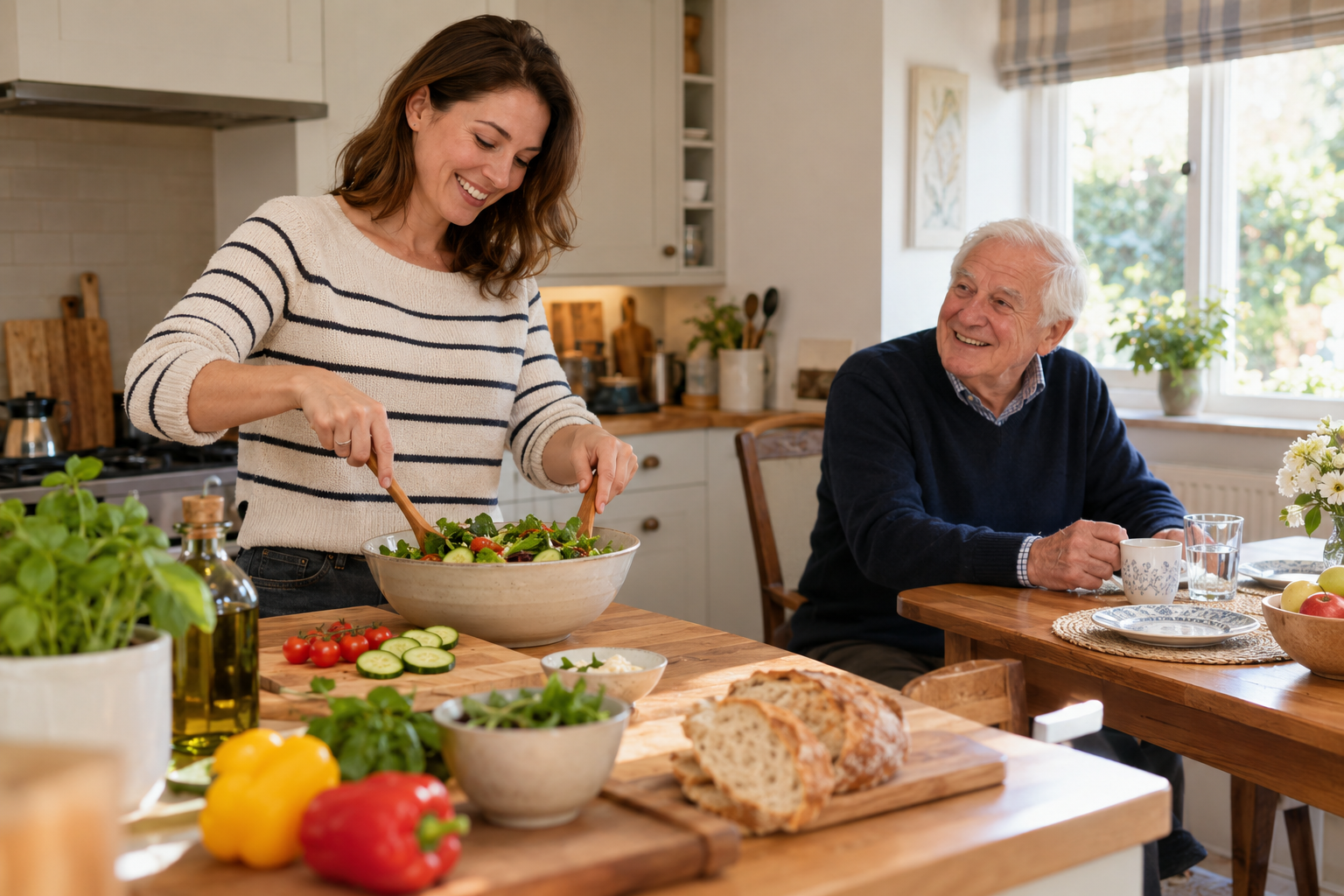 A companion preparing a fresh meal with an older adult nearby