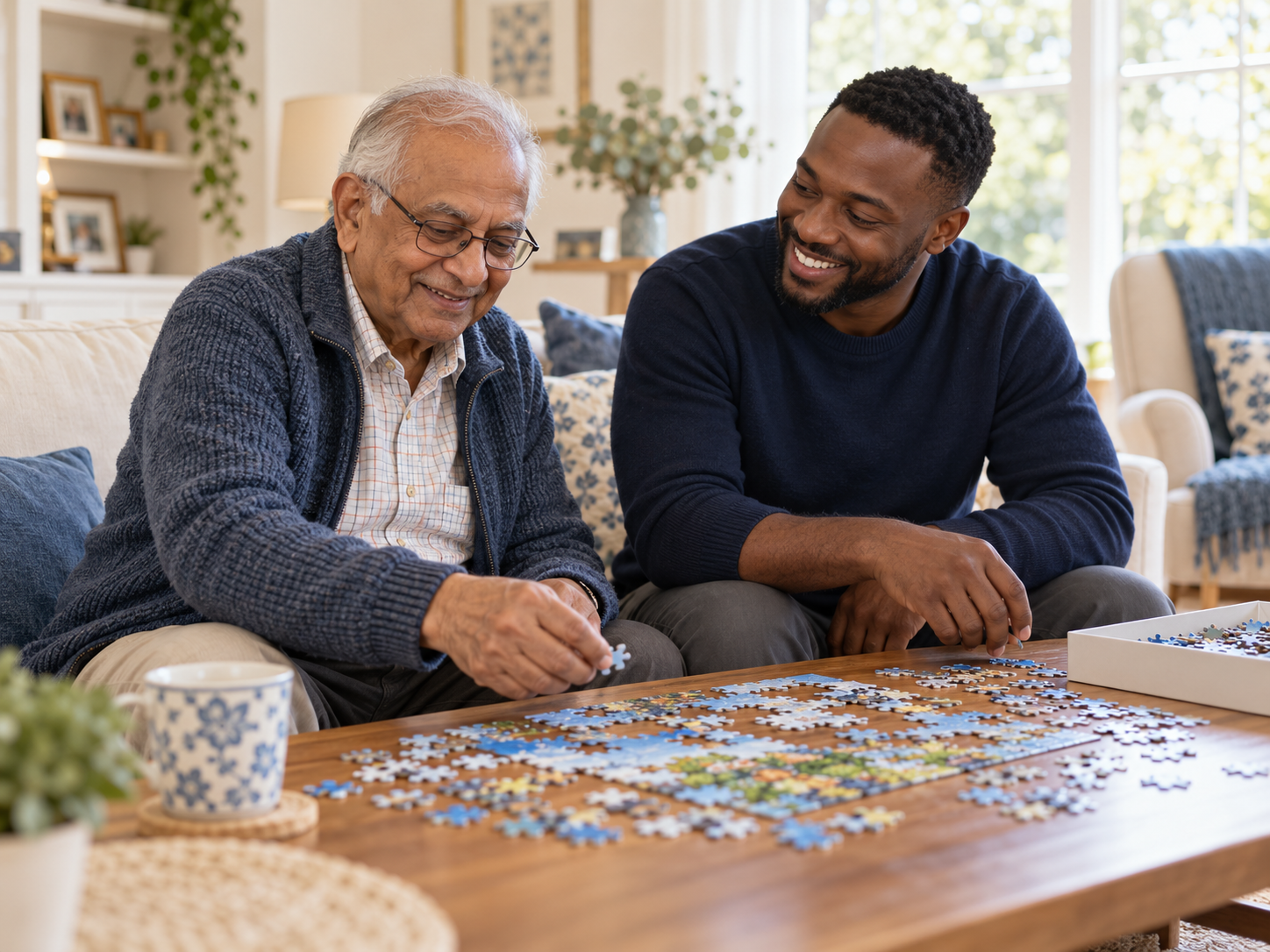 An older adult and a companion working on a jigsaw puzzle together