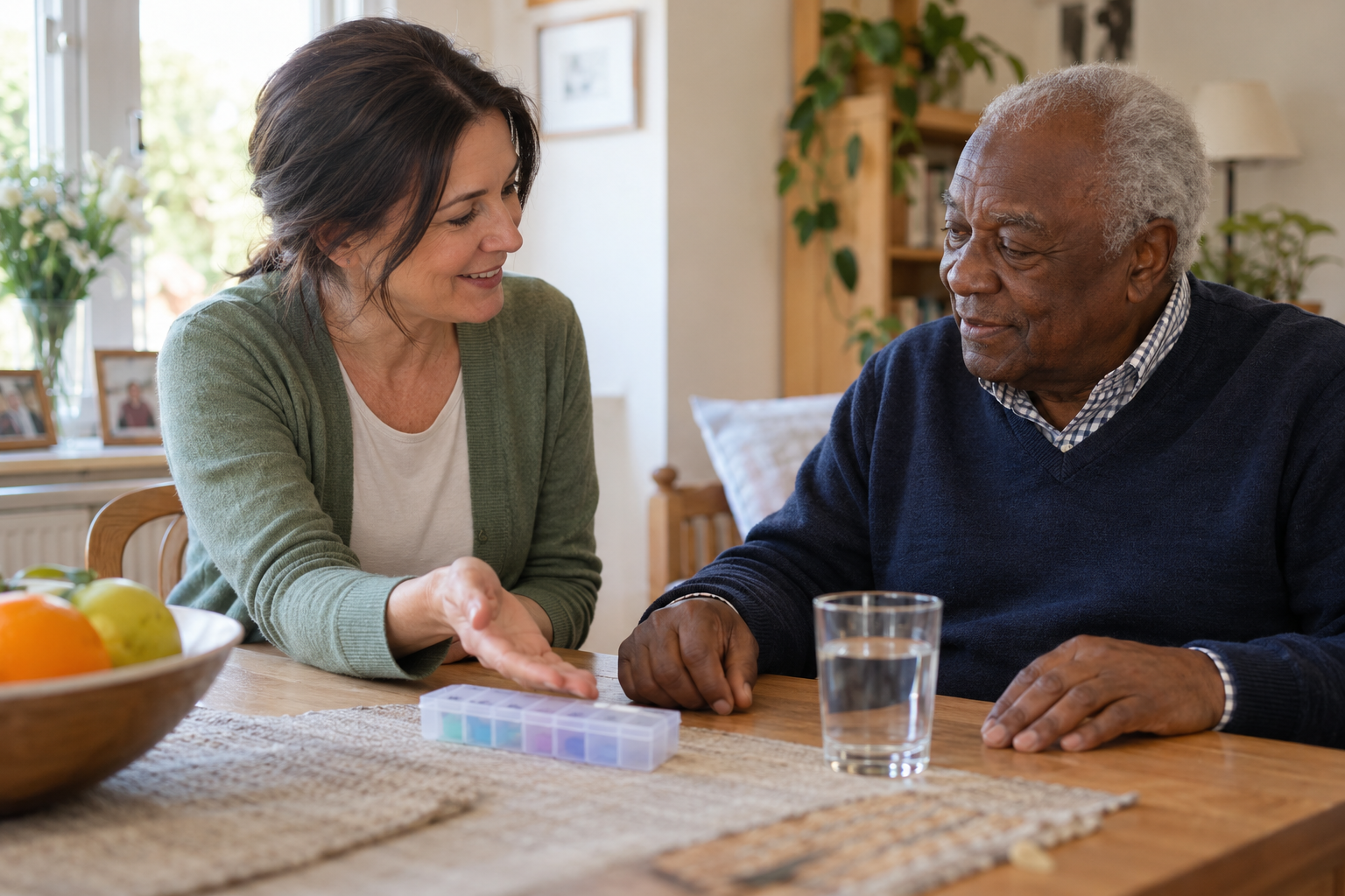 A companion reminding an older adult of their established medication routine