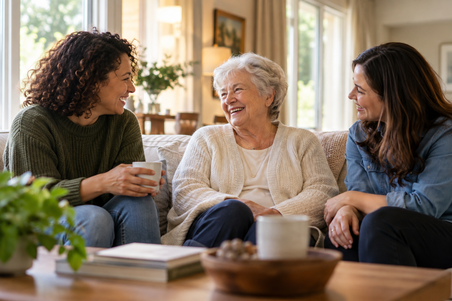 An older adult enjoying a welcoming conversation with a companion and family member at home