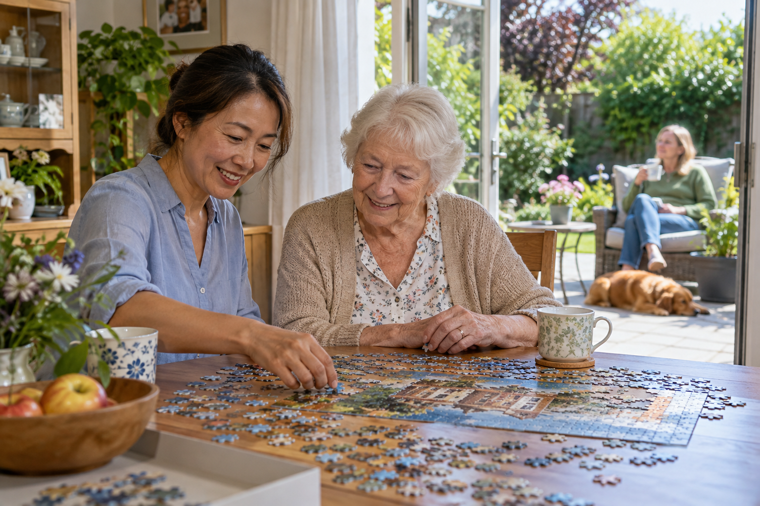 A companion supporting an older adult while a family caregiver takes a break